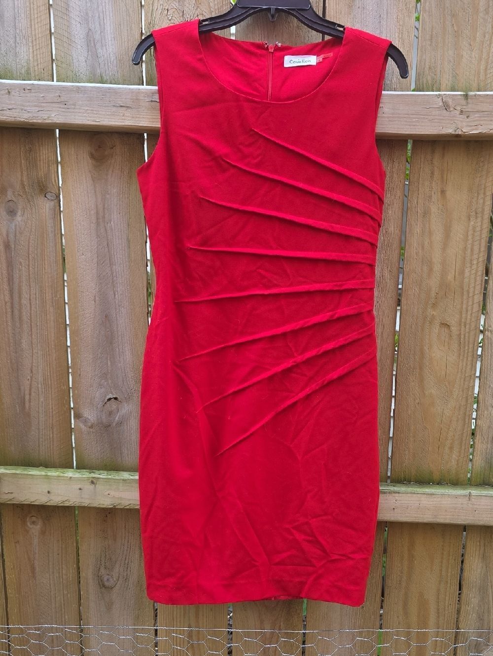 Calvin Klein Red Pleated Sheath Midi Dress
